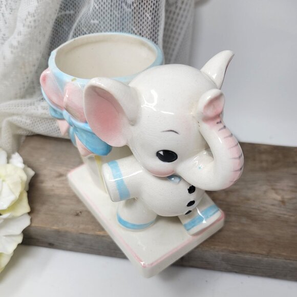 Vintage Baby Elephant Planter Vase Blue & Pink Trunk up - Picture 4 of 9